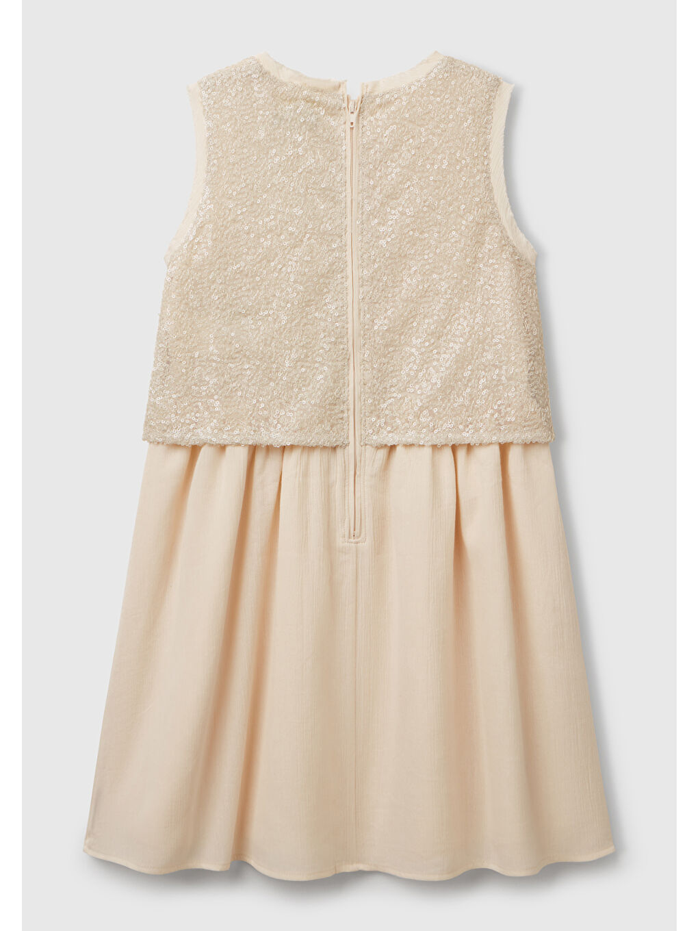 Kız Çocuk Ekru Üstü Pullu Kumaşlı Astarlı Pileli Tül Etekli Kolsuz Elbise-1