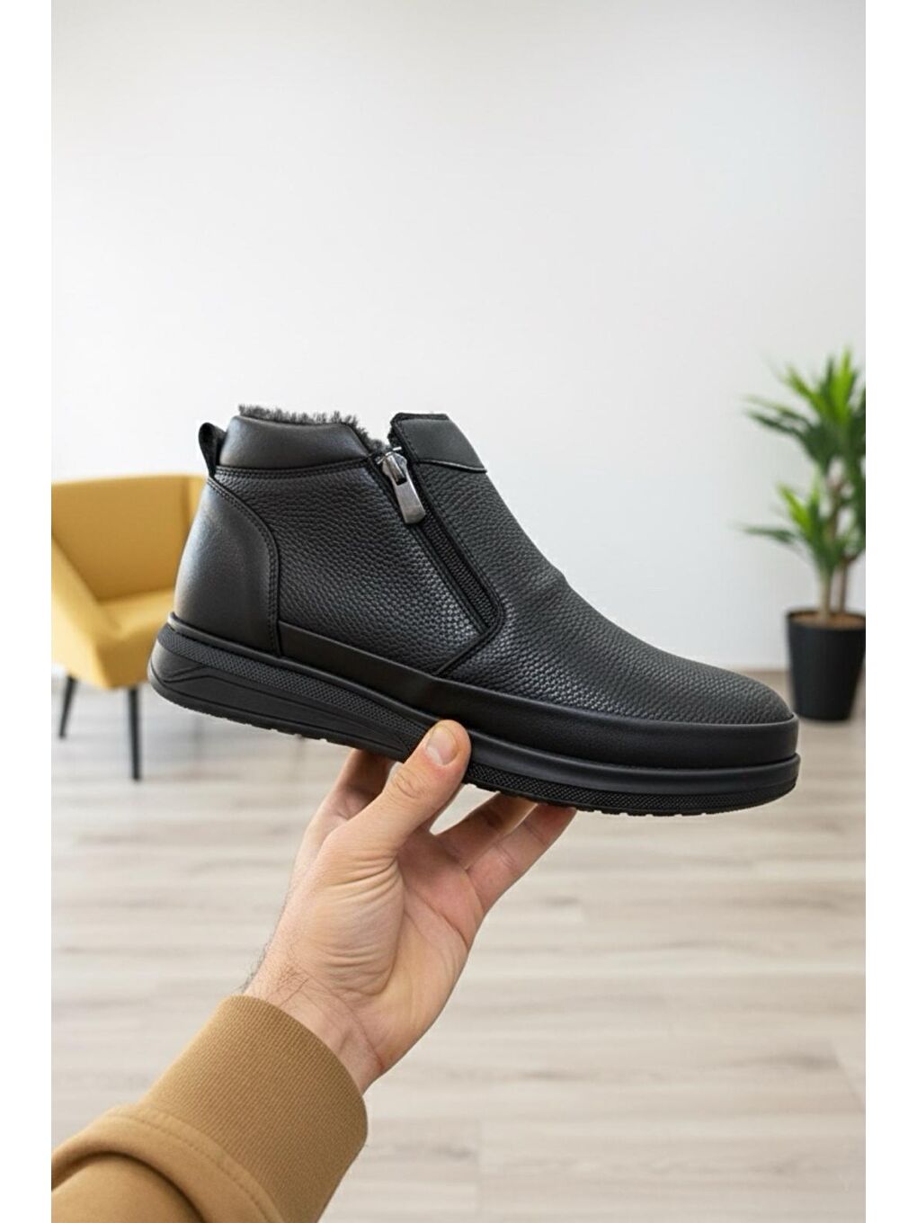 Siyah Foal Çift Fermuarlı Soğuk Geçirmez İçi Kürklü Erkek Postal-1