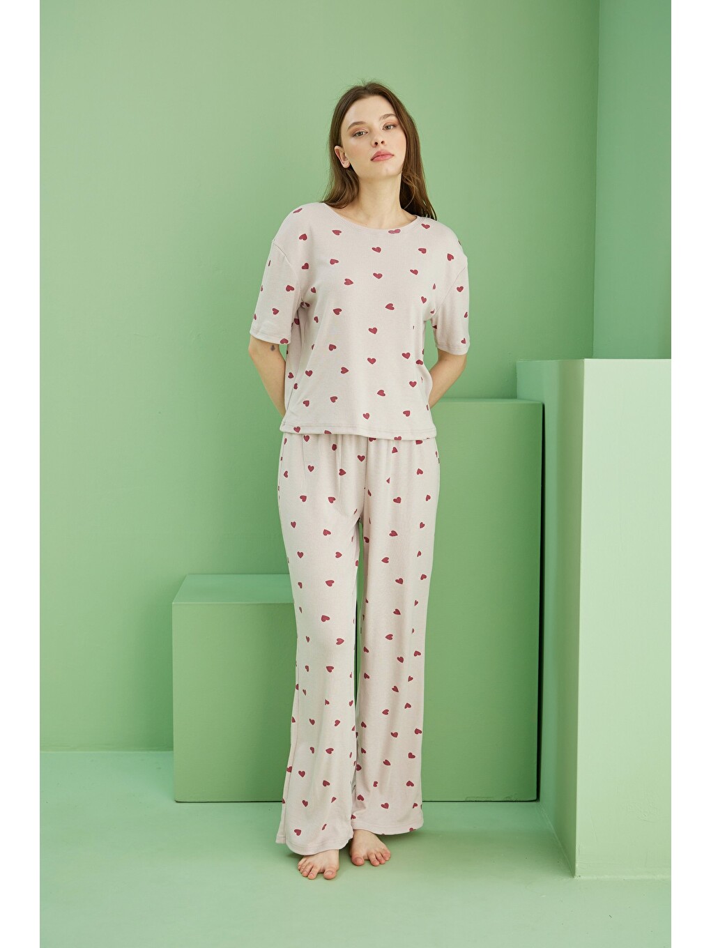 Bej Fitilli Kaşkorse Örme Pijama Takım-2