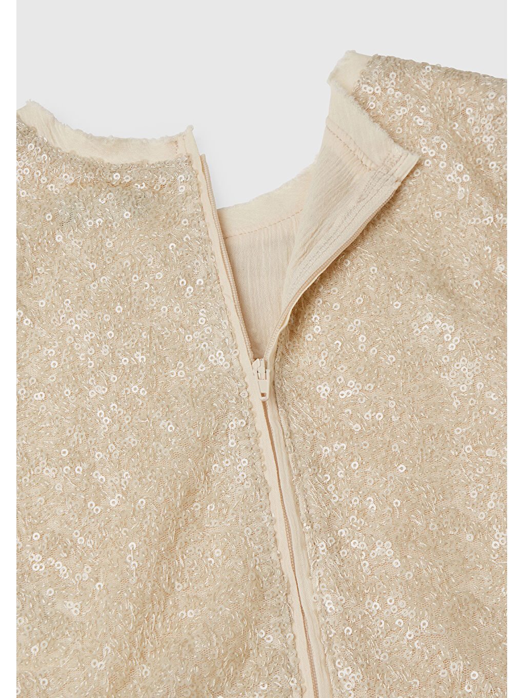 Kız Çocuk Ekru Üstü Pullu Kumaşlı Astarlı Pileli Tül Etekli Kolsuz Elbise-2