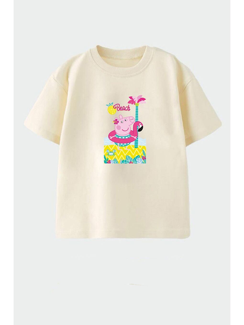 Bej Kız Çocuk Pamuklu Bisiklet Yaka Baskılı T-Shirt