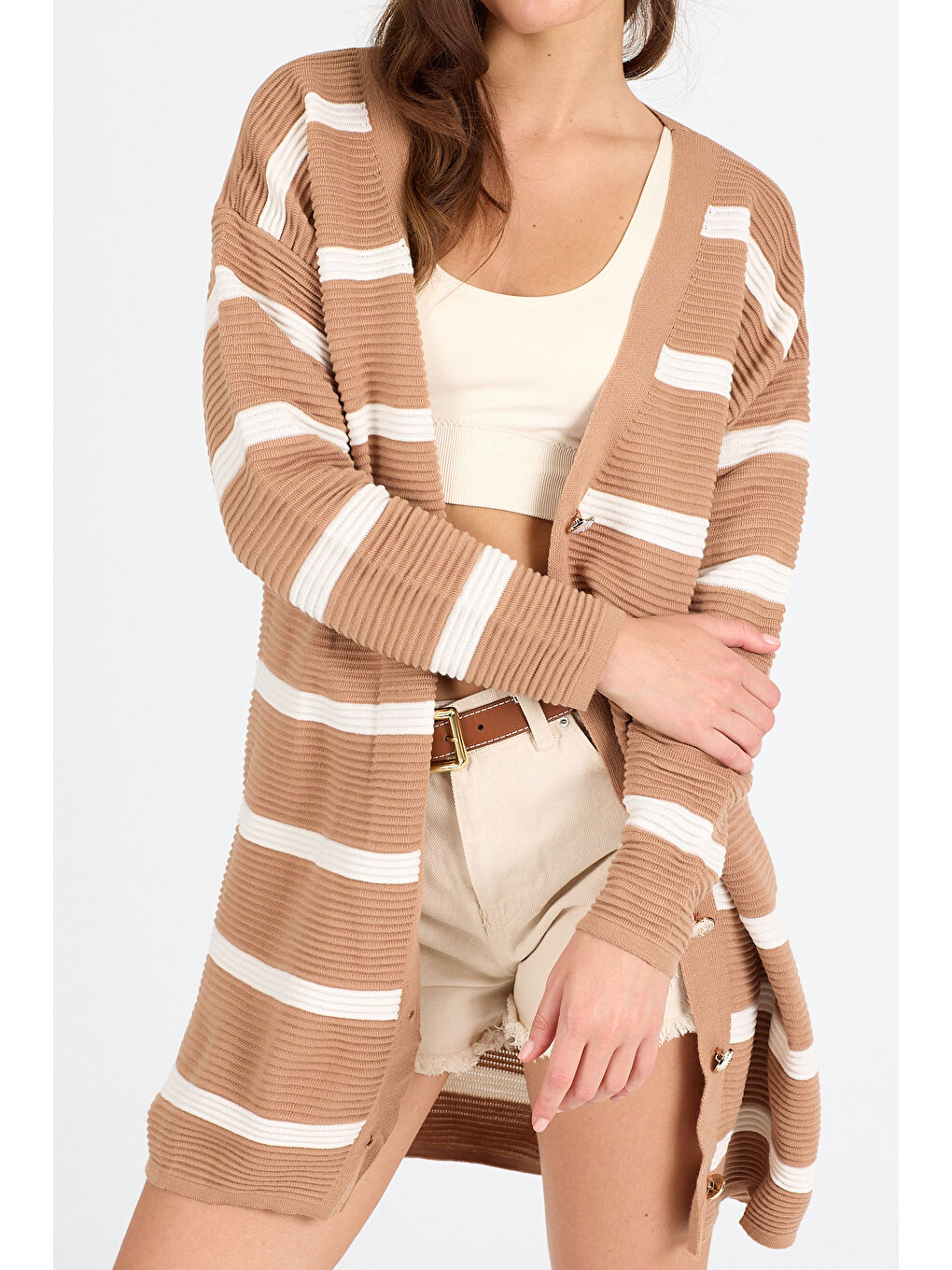 Bej Kadın Triko Hırka 3090 (Standart Beden s-m-l-xl Beden Uyumludur)-2