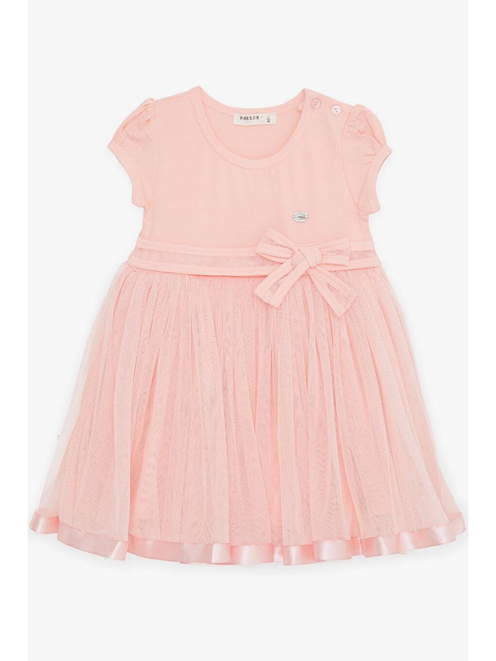 Pembe Kız Bebek Elbise Tüllü Fiyonklu Armalı Somon (1.5 Yaş)
