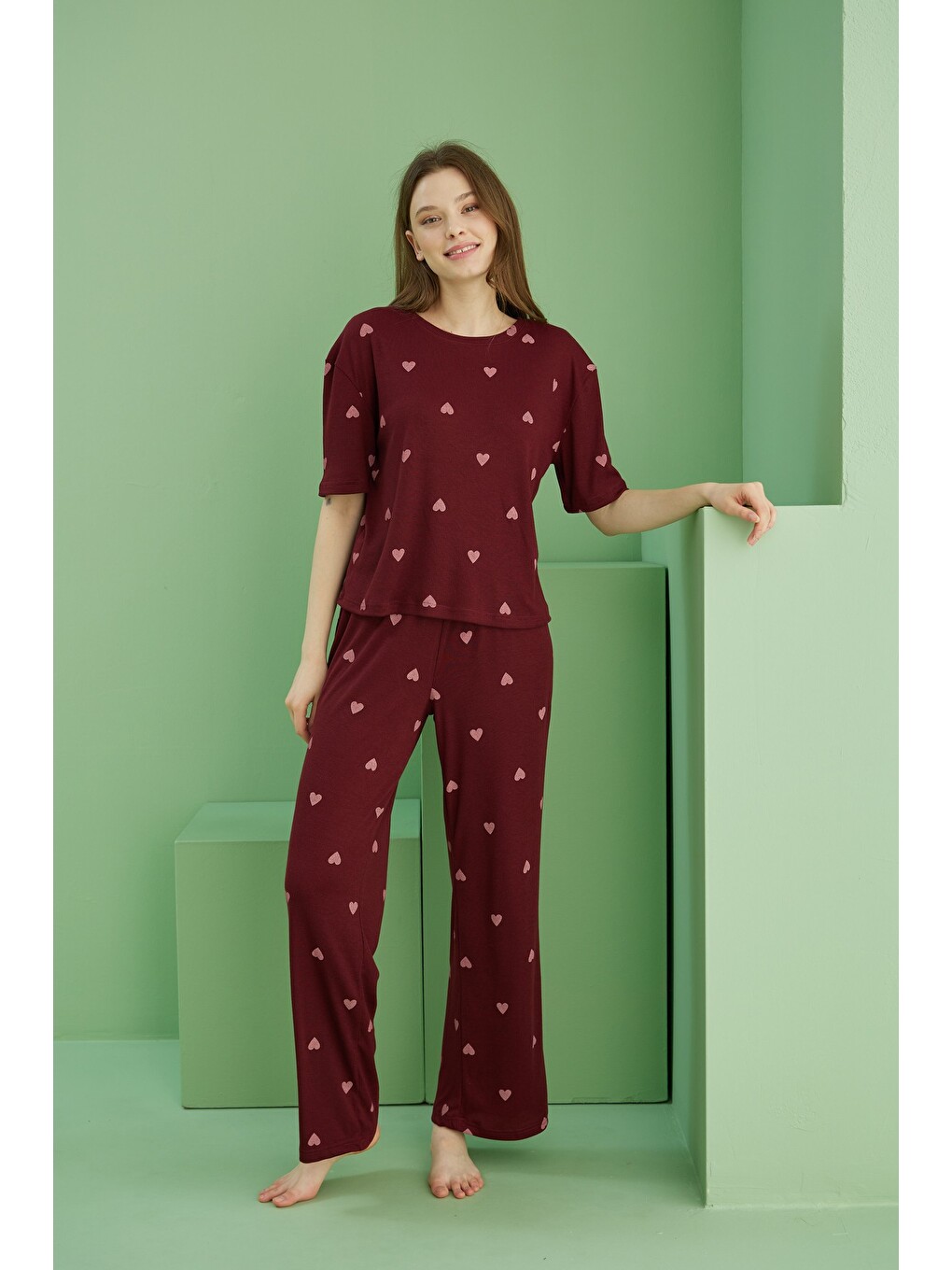 Bordo Fitilli Kaşkorse Örme Pijama Takım-2