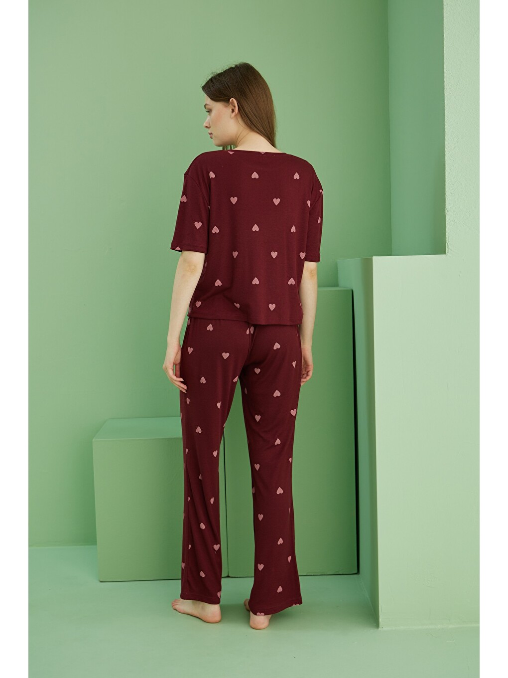 Bordo Fitilli Kaşkorse Örme Pijama Takım-3