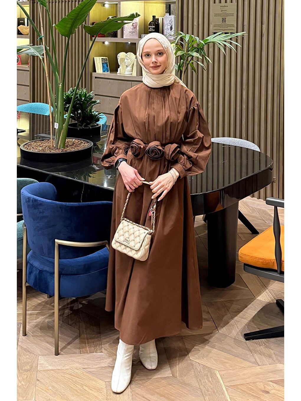 Pileli Poplin Elbise Acı Kahverengi