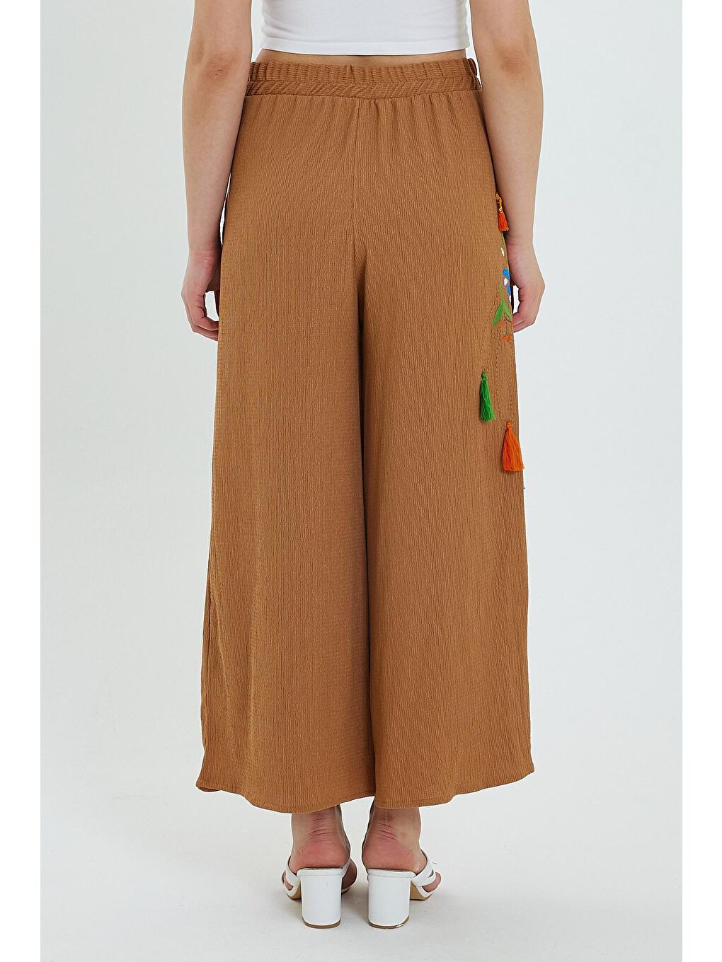 Sarı Kadın Yanı Nakışlı Örme Pantolon-2