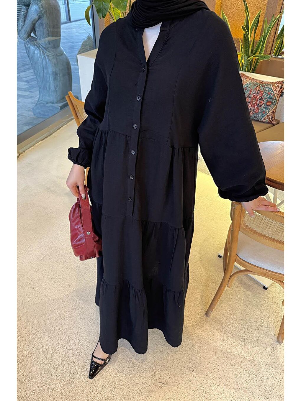 Ön Yarım Düğme Detaylı Müslin Kumaş Tesettür Elbise Siyah-2