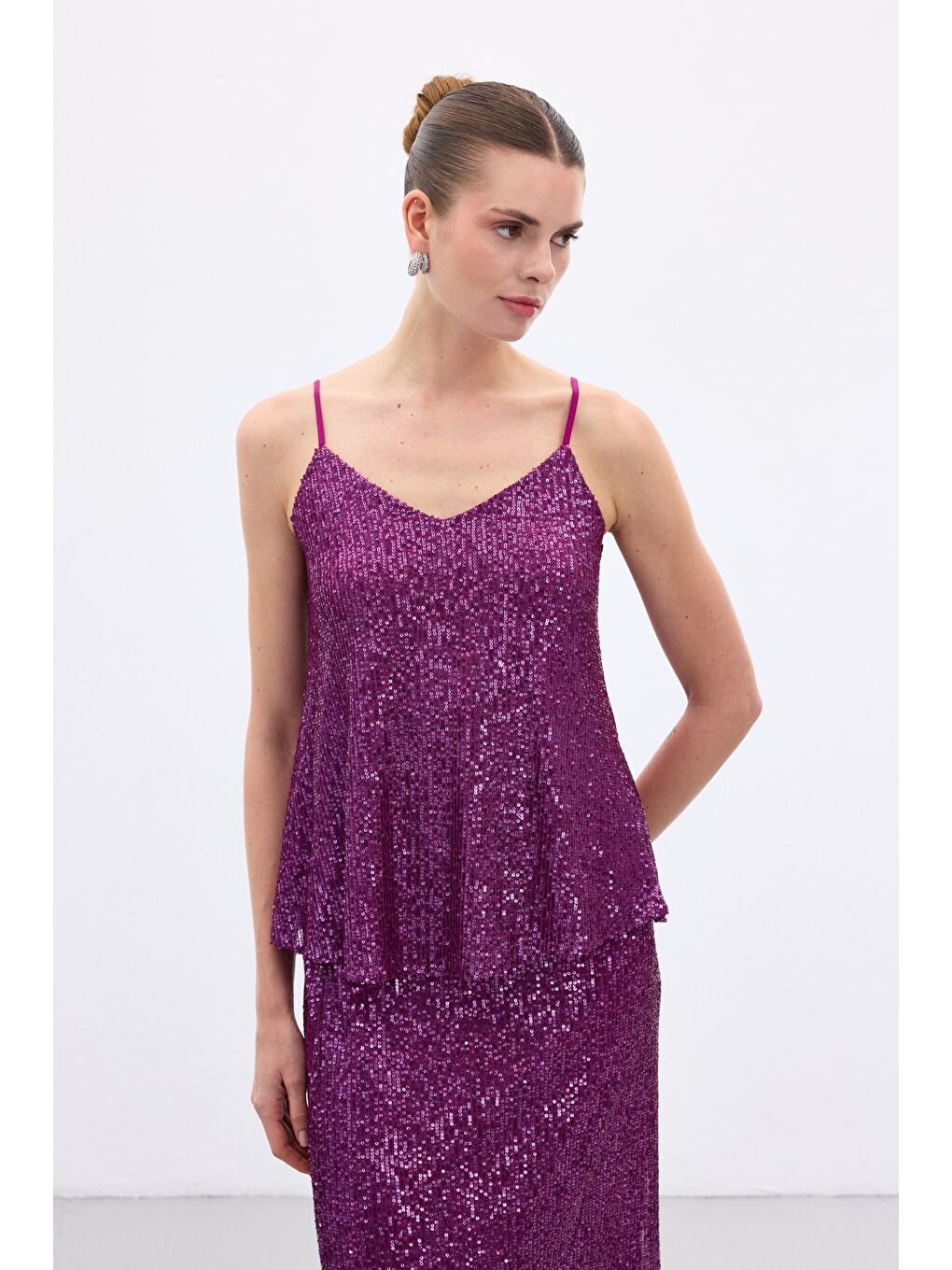 Payet Detaylı Askılı Bluz - Mürdüm