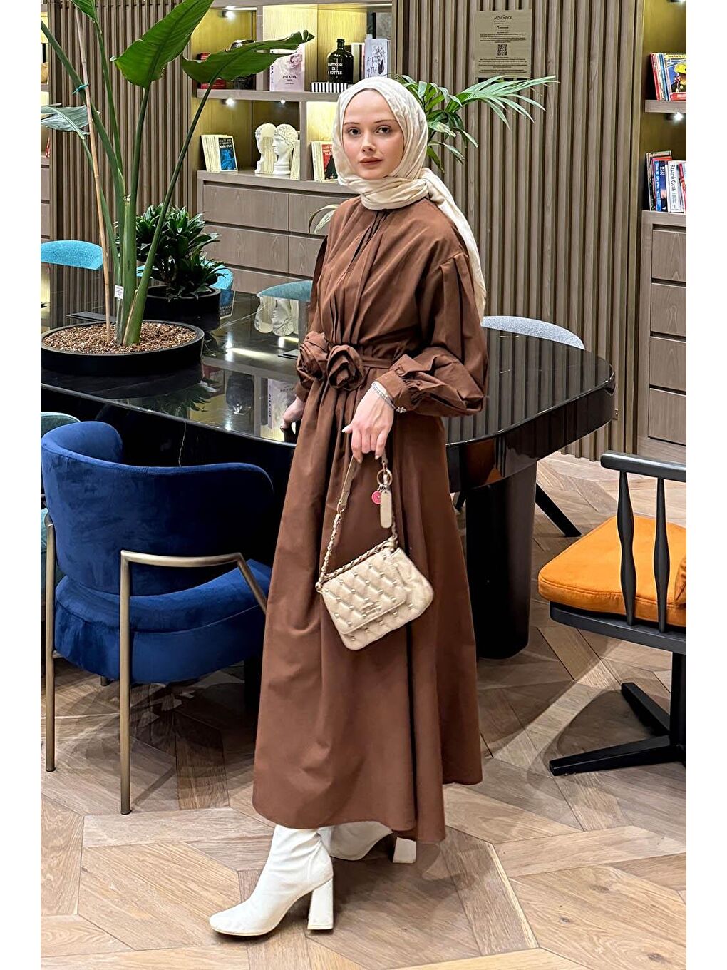 Pileli Poplin Elbise Acı Kahverengi-1