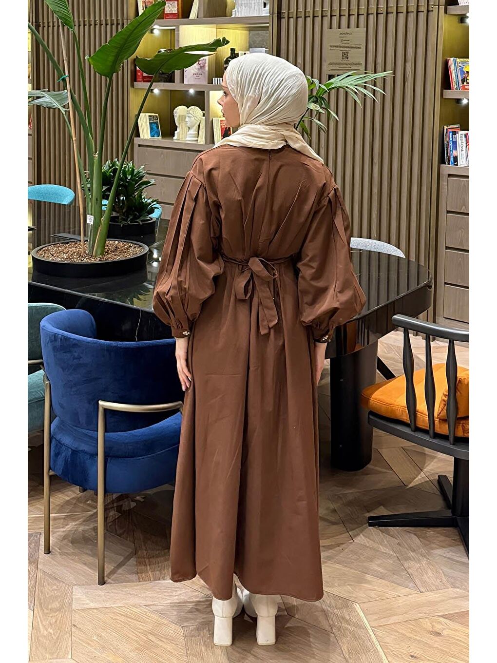 Pileli Poplin Elbise Acı Kahverengi-3