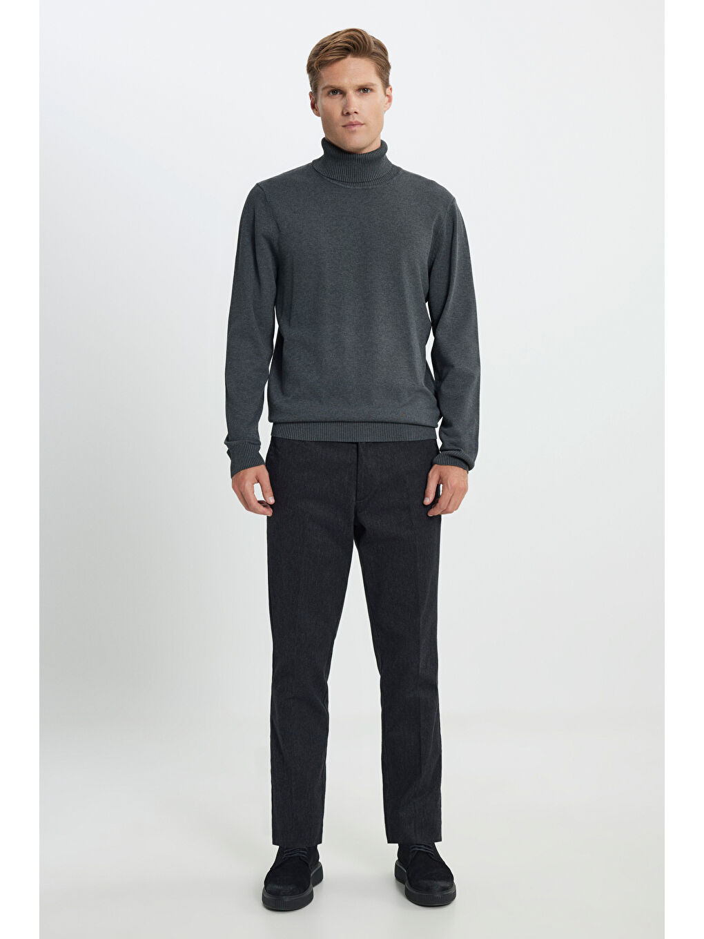 Erkek Antrasit-Melanj Standart Fit Normal Kesim Tam Balıkçı Yaka Triko Kazak-1