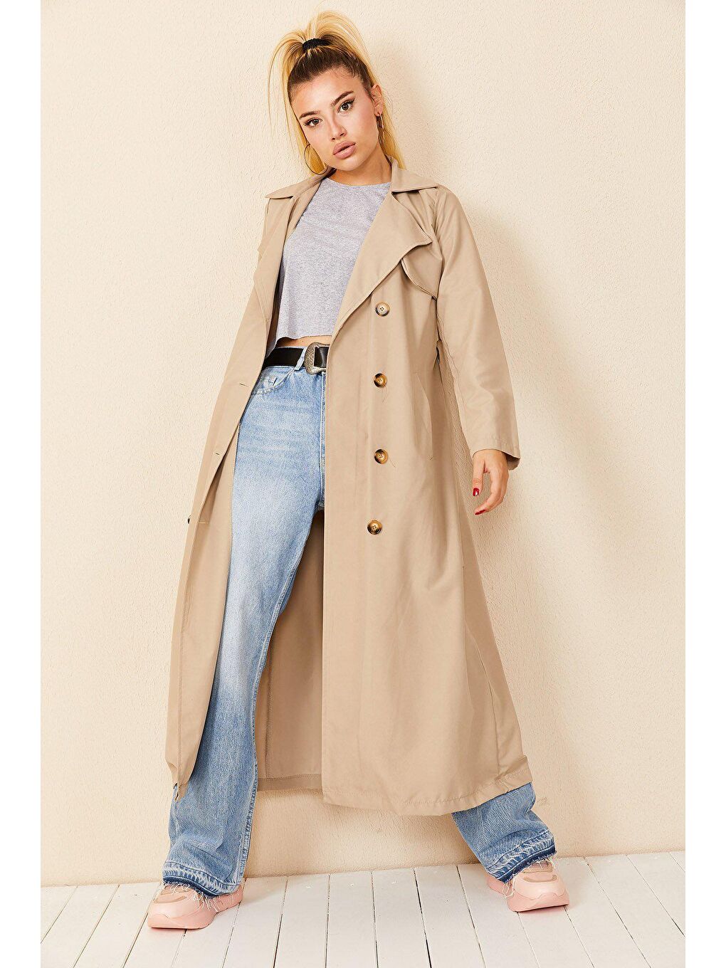Bej Şal Yaka Düğmeli TRENÇKOT