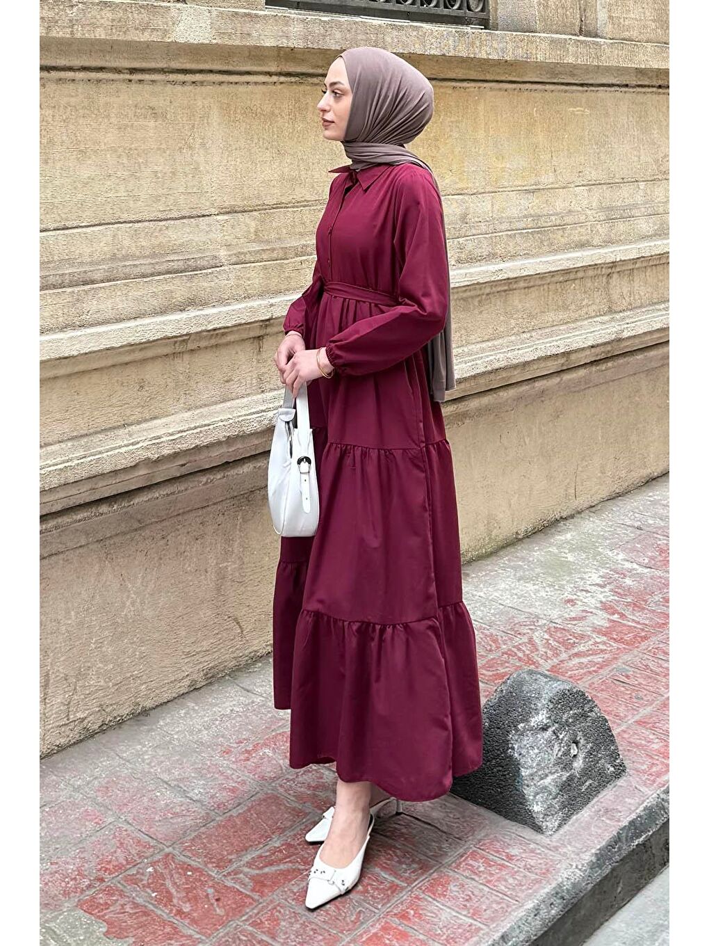 Yarım Düğme Detaylı Terikoton Elbise Bordo-1
