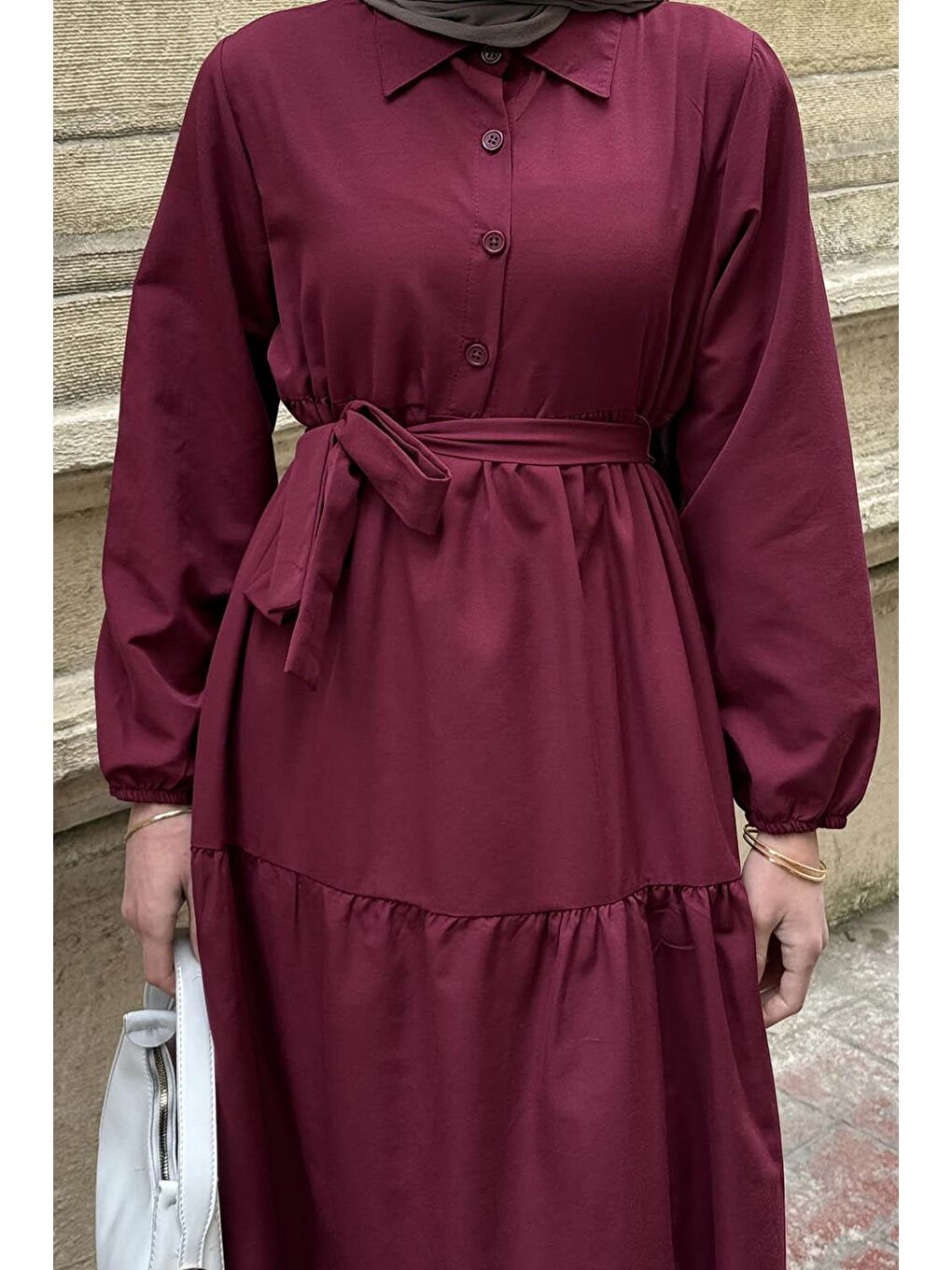 Yarım Düğme Detaylı Terikoton Elbise Bordo-2