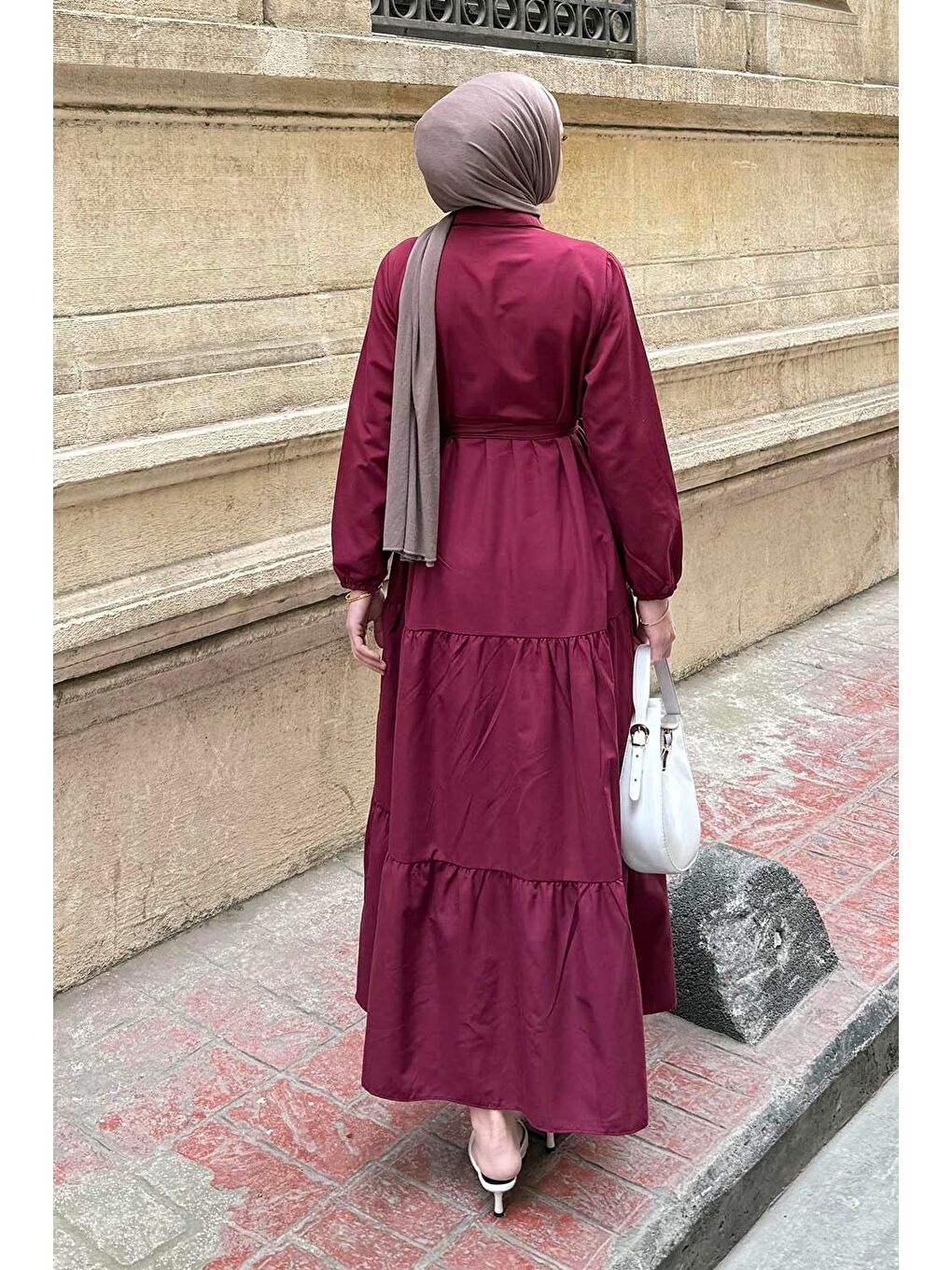 Yarım Düğme Detaylı Terikoton Elbise Bordo-3