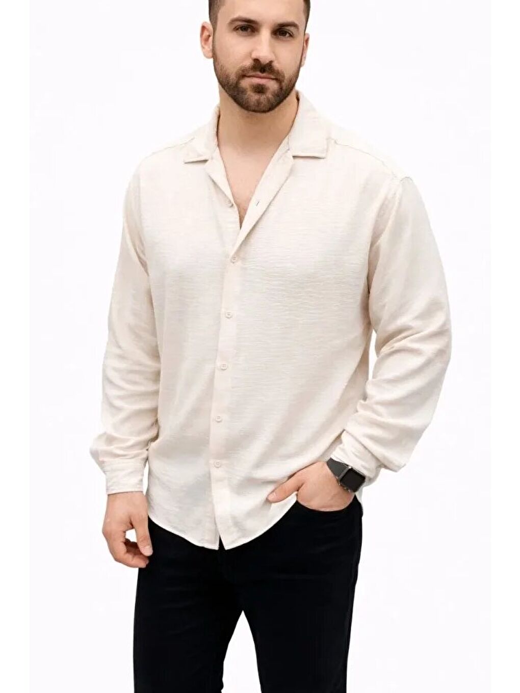 Erkek Aerobin Kumaş Oversize 4 Mevsim Uzun Kollu Rahat Kalıp Gömlek - Bej-1