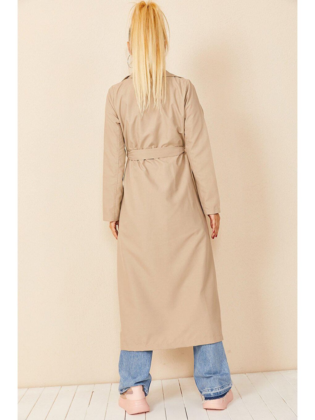Bej Şal Yaka Düğmeli TRENÇKOT-1