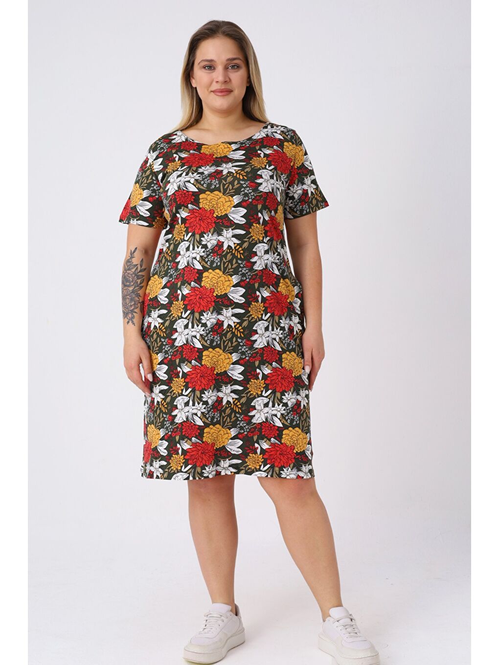 Haki Kadın Büyük Beden Desenli Pamuklu Cepli Kısa Kollu Elbise-1