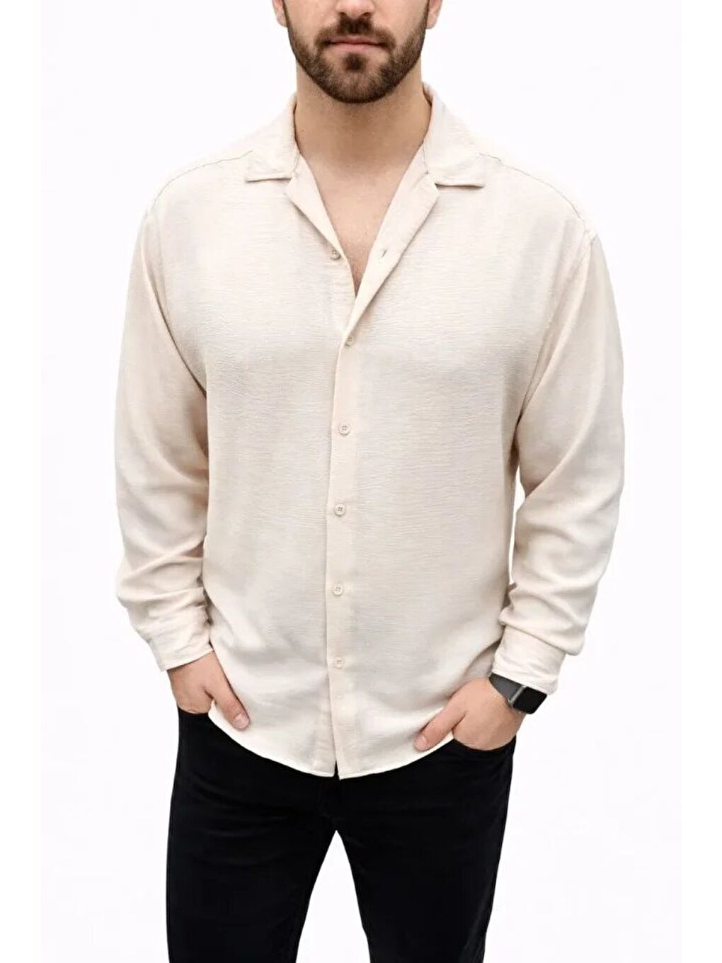 Erkek Aerobin Kumaş Oversize 4 Mevsim Uzun Kollu Rahat Kalıp Gömlek - Bej-3