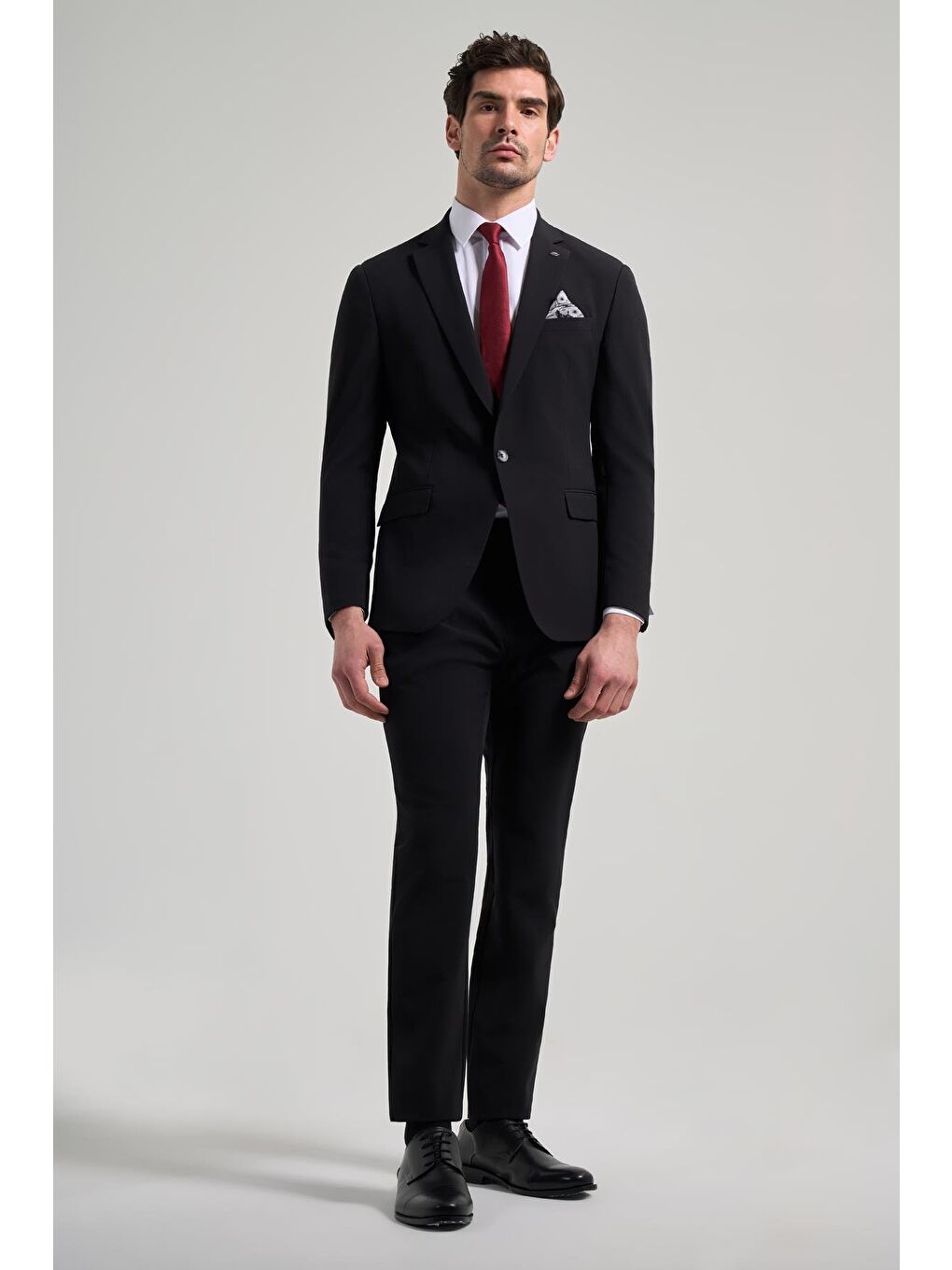 İMZA Siyah Düz Gabardin Mono Yaka Tam Astar Beli Lastikli Esnek 6 Drop Slim Fit Takım Elbise 1001250155