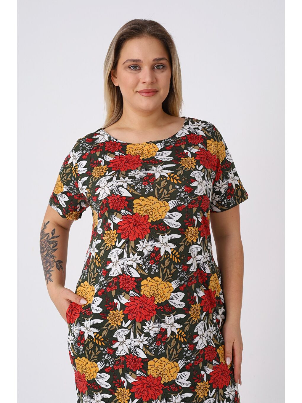 Haki Kadın Büyük Beden Desenli Pamuklu Cepli Kısa Kollu Elbise-2