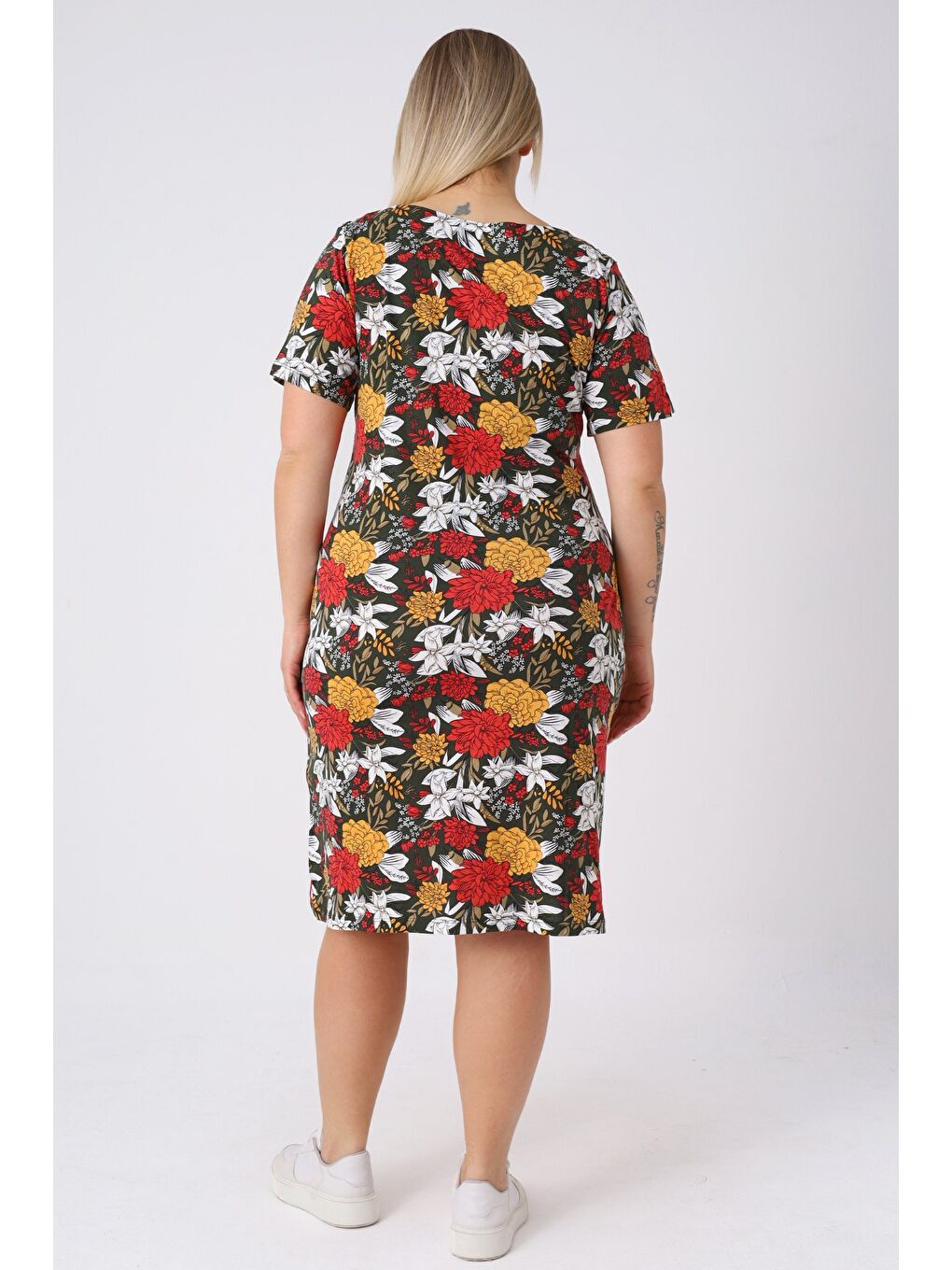 Haki Kadın Büyük Beden Desenli Pamuklu Cepli Kısa Kollu Elbise-4