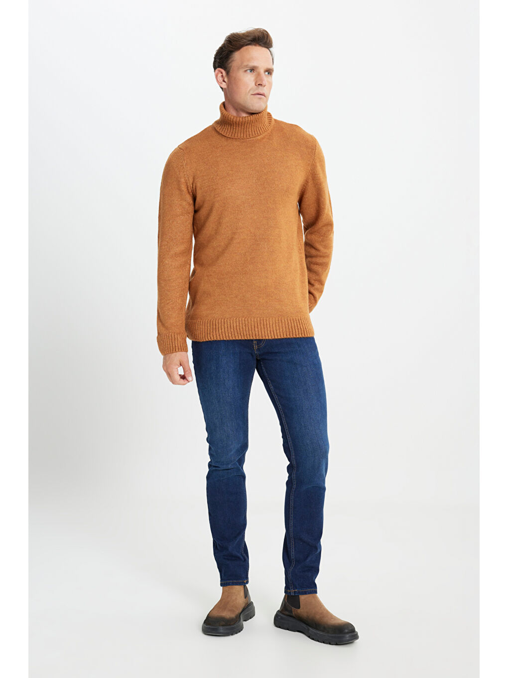 Sarı Erkek Hardal Standart Fit Normal Kesim Tam Balıkçı Yaka Triko-1