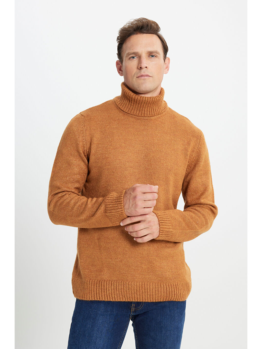 Sarı Erkek Hardal Standart Fit Normal Kesim Tam Balıkçı Yaka Triko-3