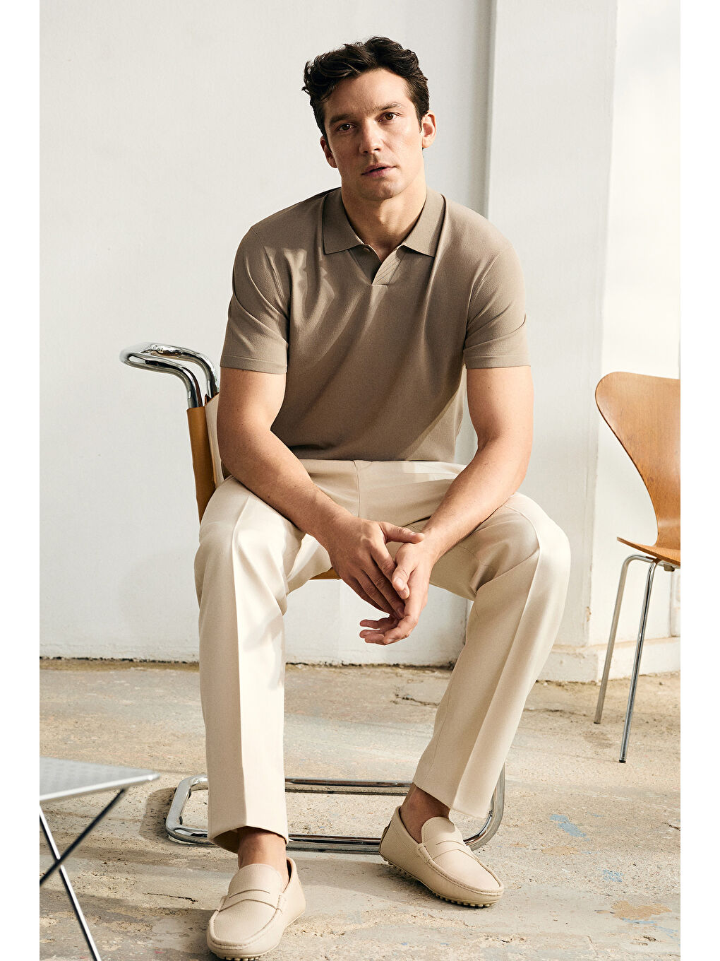 Bej Regular Fit Düğmeli Polo Yaka Örme Tişört-2