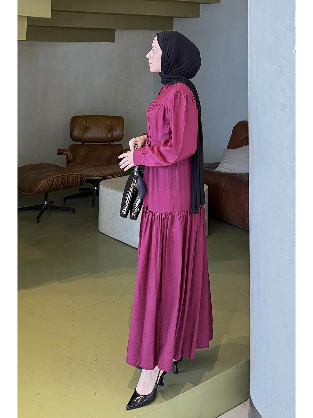Bağlama Detaylı Tesettür Elbise Mürdüm-1