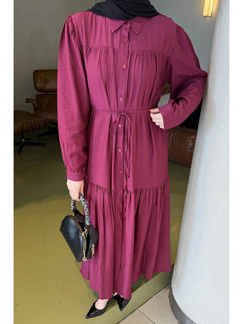 Bağlama Detaylı Tesettür Elbise Mürdüm-2