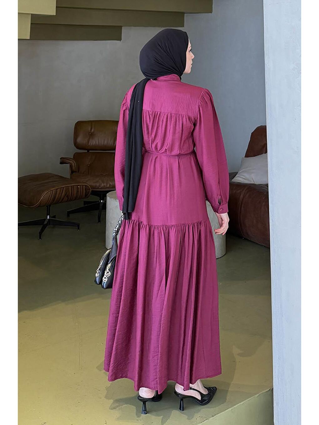 Bağlama Detaylı Tesettür Elbise Mürdüm-3