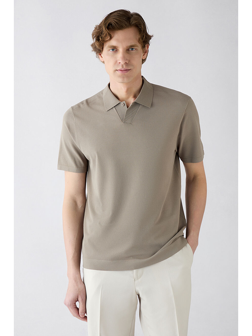 Bej Regular Fit Düğmeli Polo Yaka Örme Tişört-3