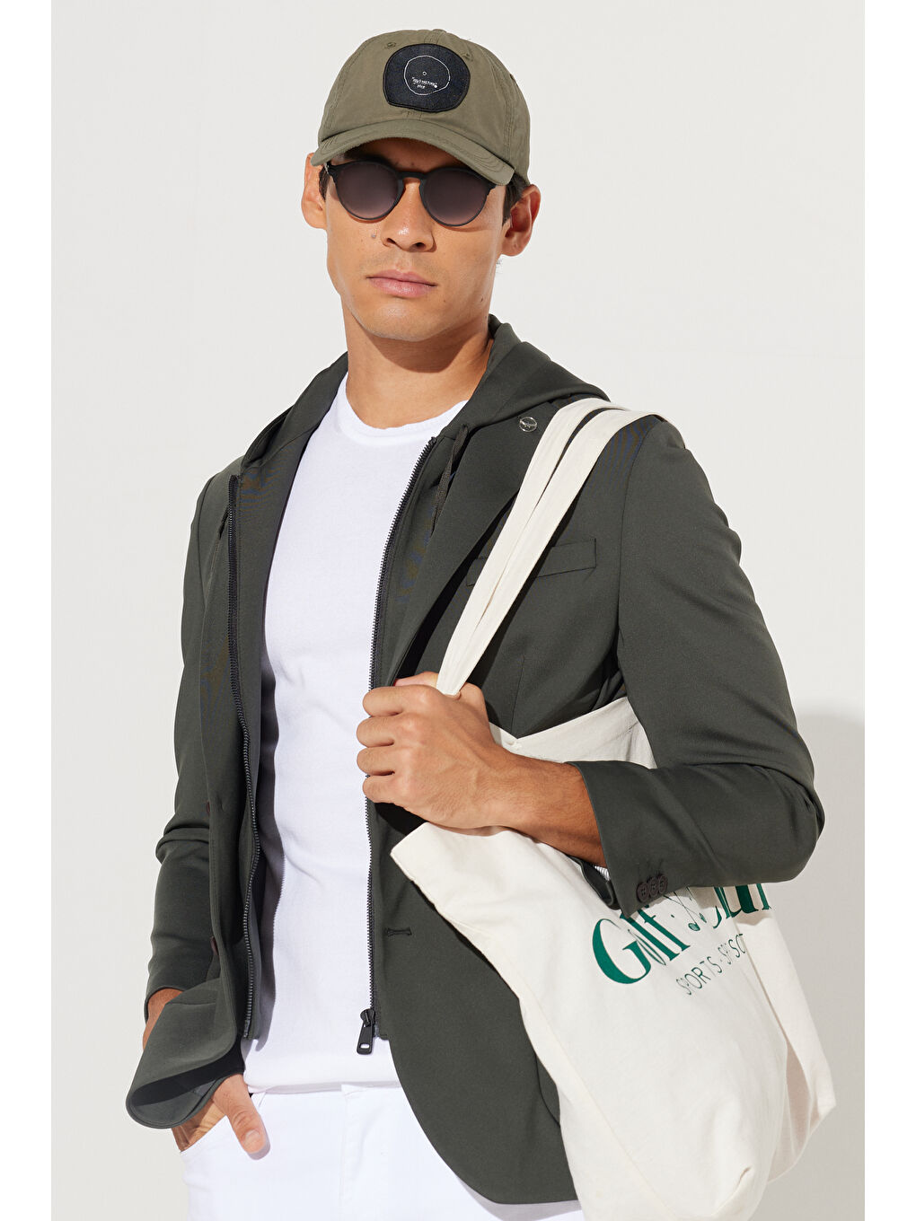 Erkek Haki Slim Fit Dar Kesim Mono Yaka Pamuklu Desenli Ceket