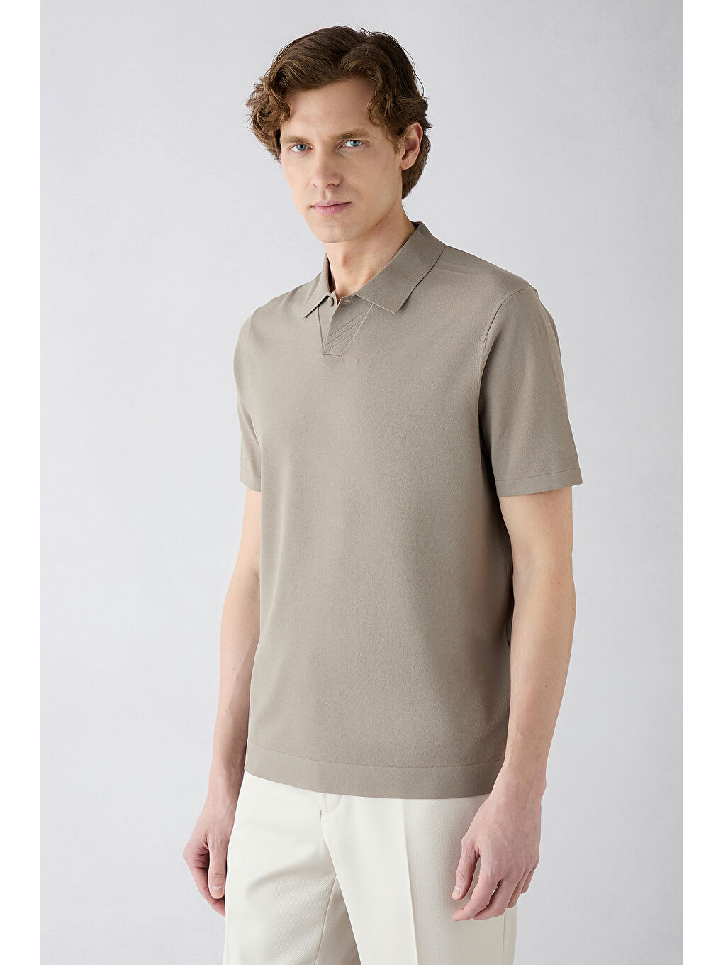 Bej Regular Fit Düğmeli Polo Yaka Örme Tişört-4