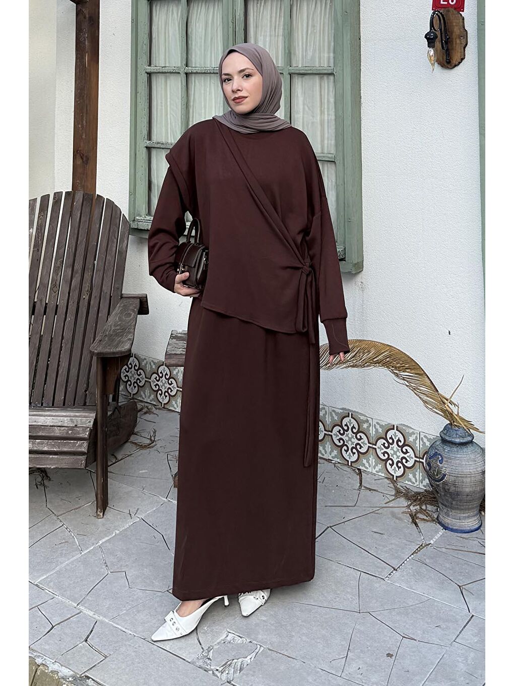 Büzgülü Tesettür Elbise Acı Kahverengi