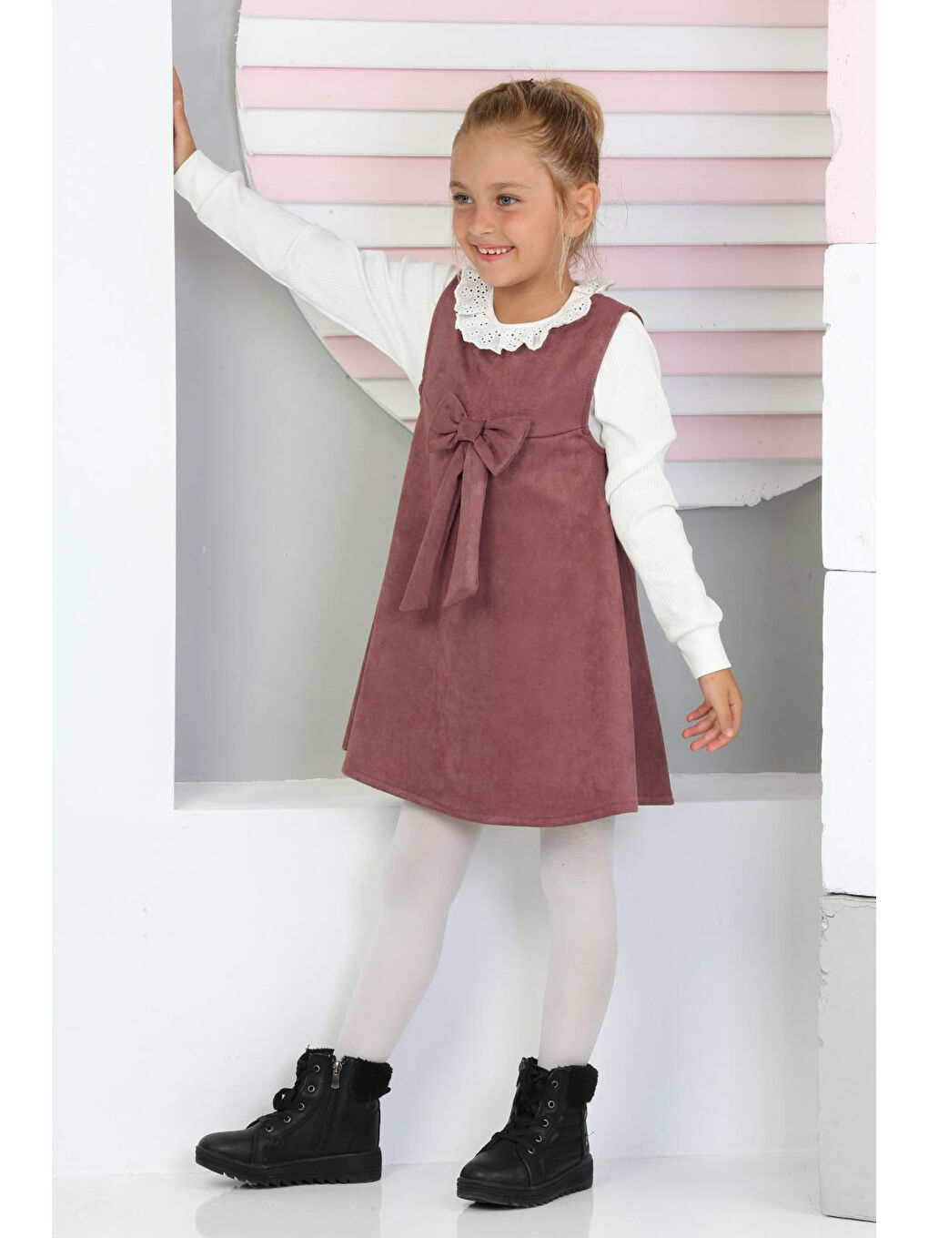 Pembe Kız Çocuk Süet Kumaş 2'li Elbise (Elbise+Bady Bluz)12177-2