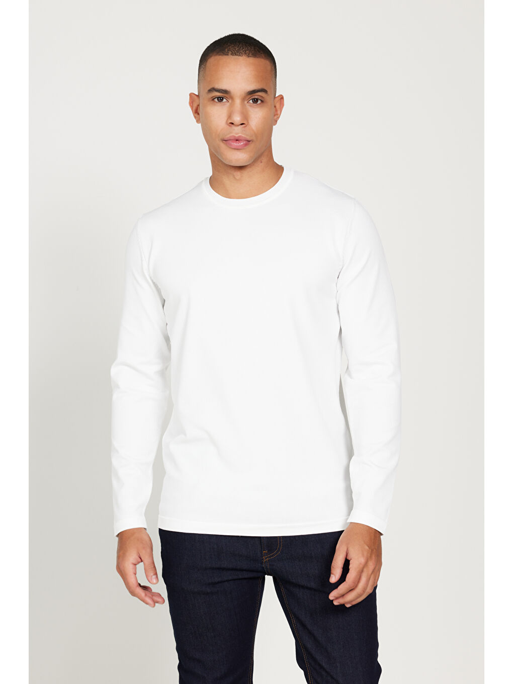 Erkek Ekru Standart Fit Normal Kesim Bisiklet Yaka Triko Kazak-2