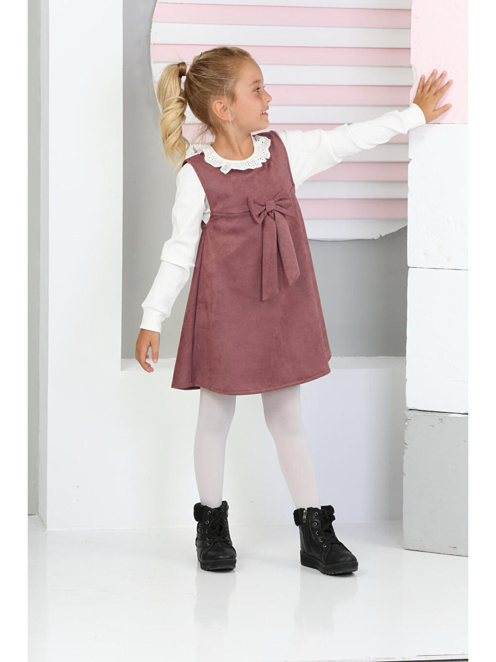 Pembe Kız Çocuk Süet Kumaş 2'li Elbise (Elbise+Bady Bluz)12177-3