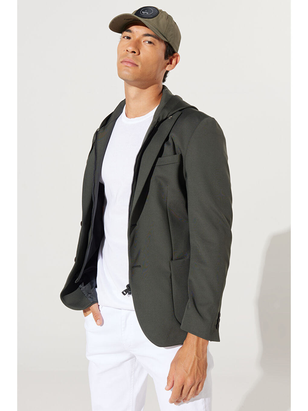 Erkek Haki Slim Fit Dar Kesim Mono Yaka Pamuklu Desenli Ceket-2