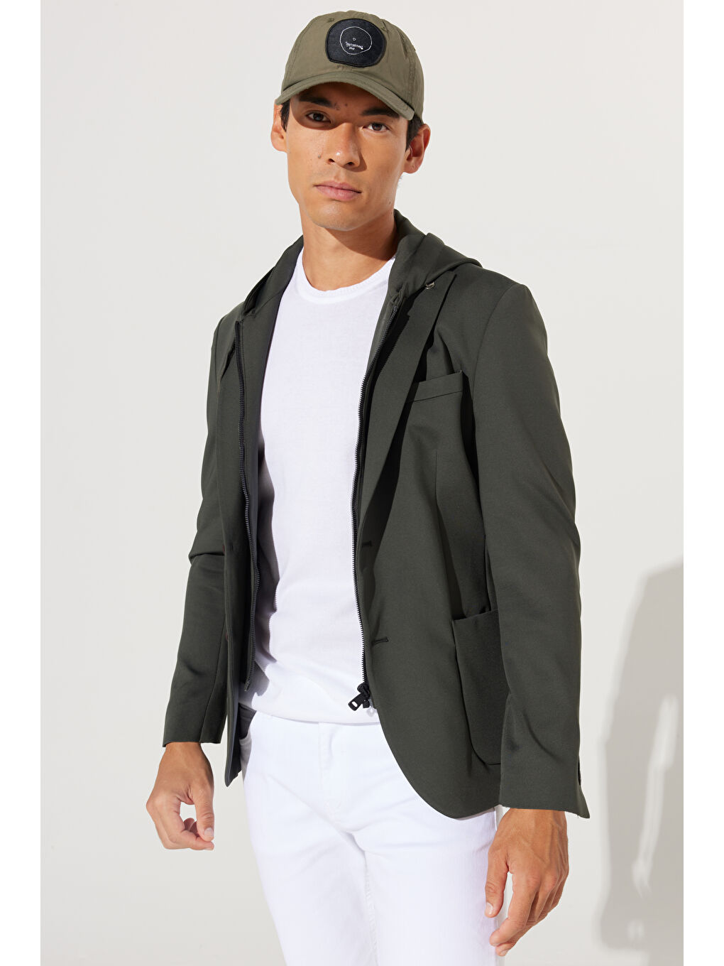 Erkek Haki Slim Fit Dar Kesim Mono Yaka Pamuklu Desenli Ceket-3