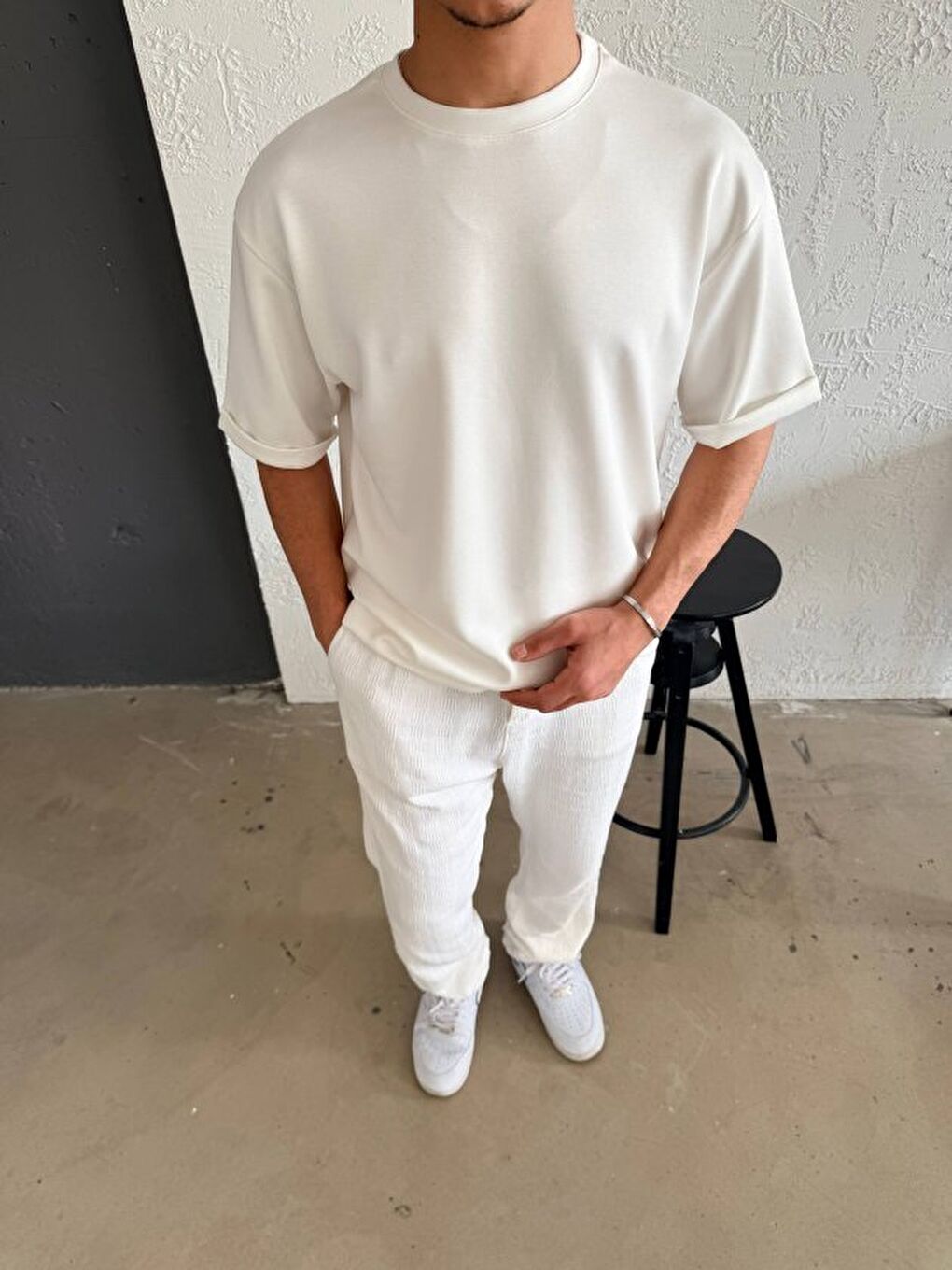 Beyaz Erkek Duble Kol Basic Tişört