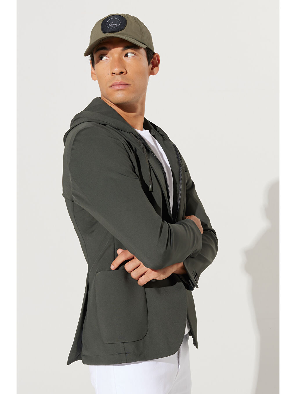 Erkek Haki Slim Fit Dar Kesim Mono Yaka Pamuklu Desenli Ceket-4