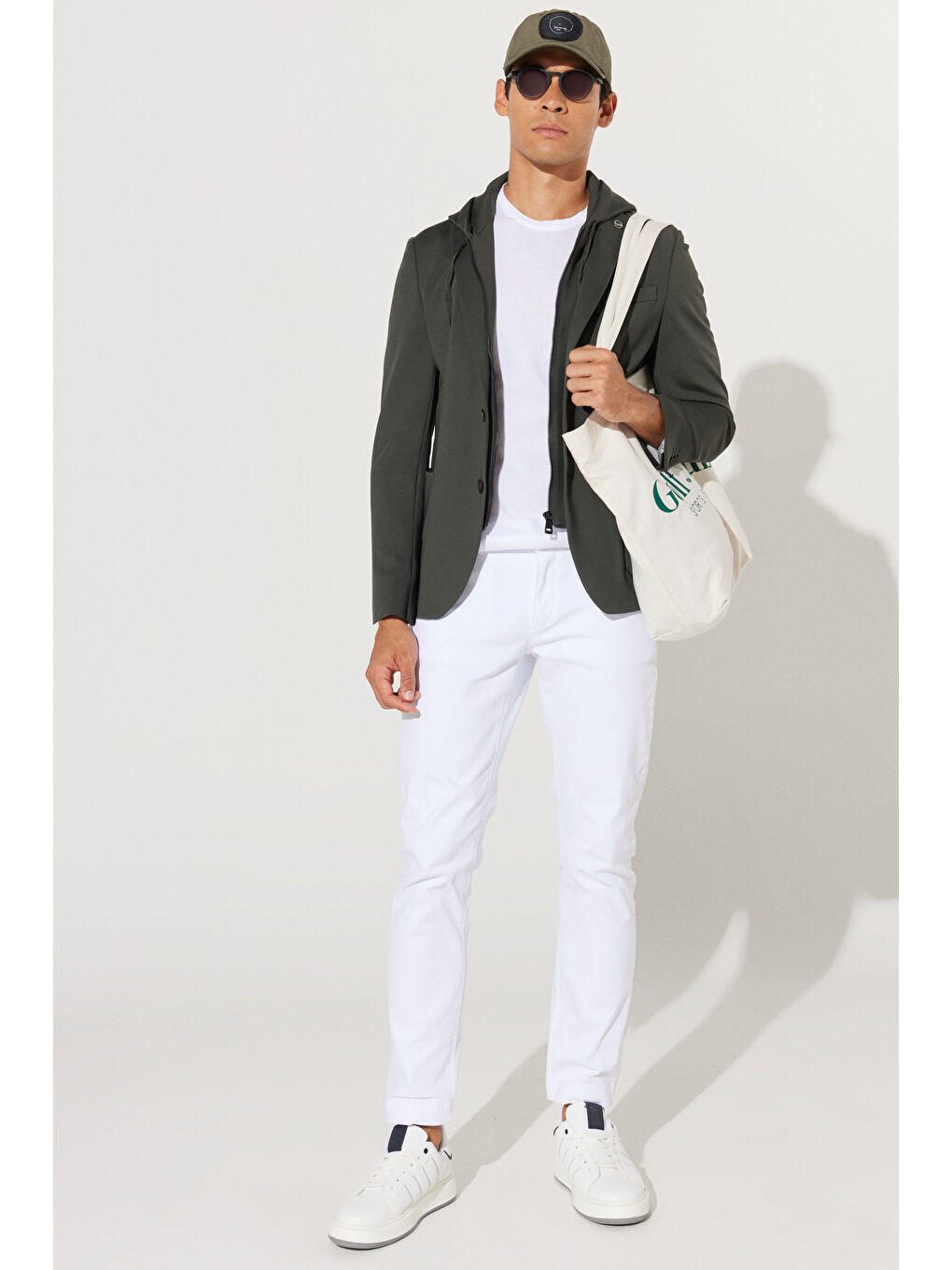 Erkek Haki Slim Fit Dar Kesim Mono Yaka Pamuklu Desenli Ceket-5