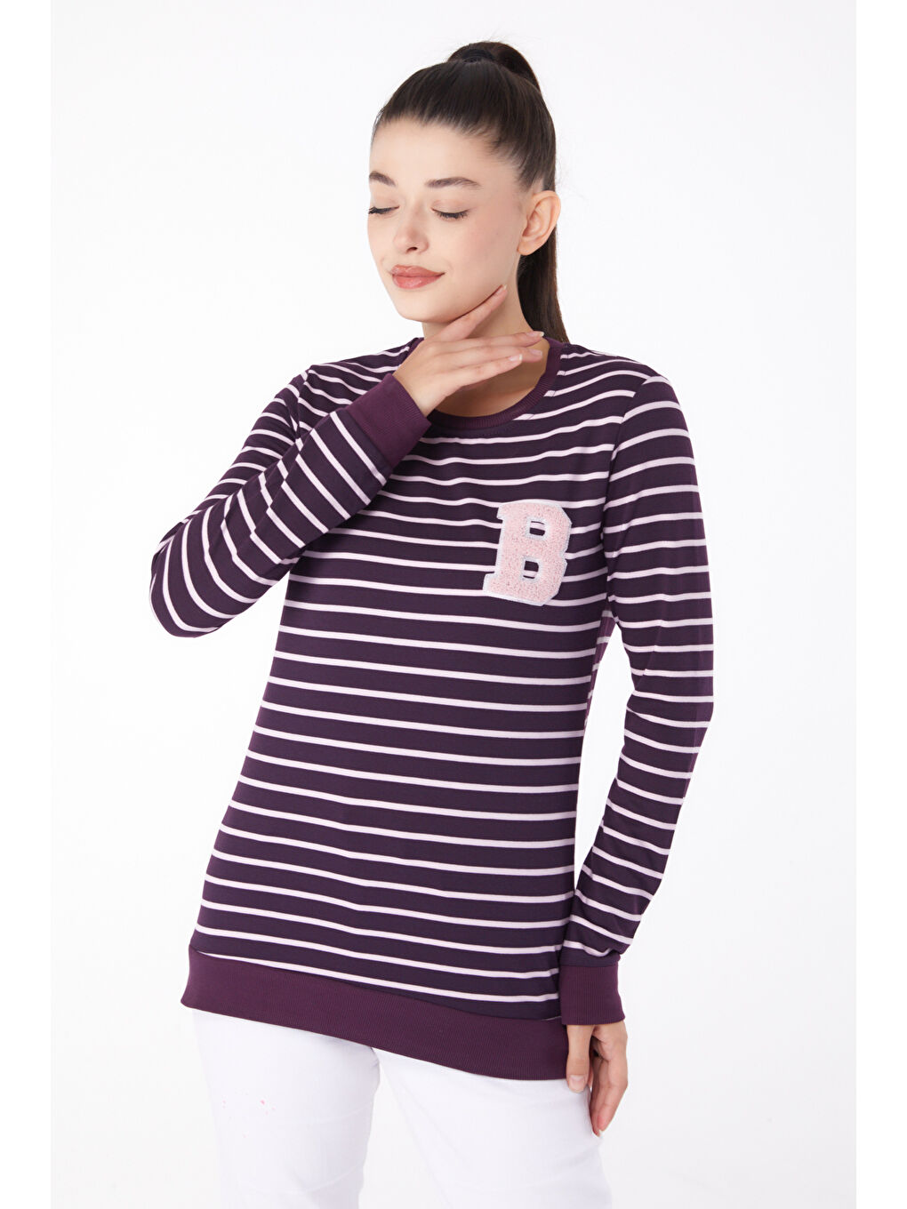 TOFİSA Düz Bisiklet Yaka Kadın Mor Nakışlı Sweatshirt - 26289 - 1