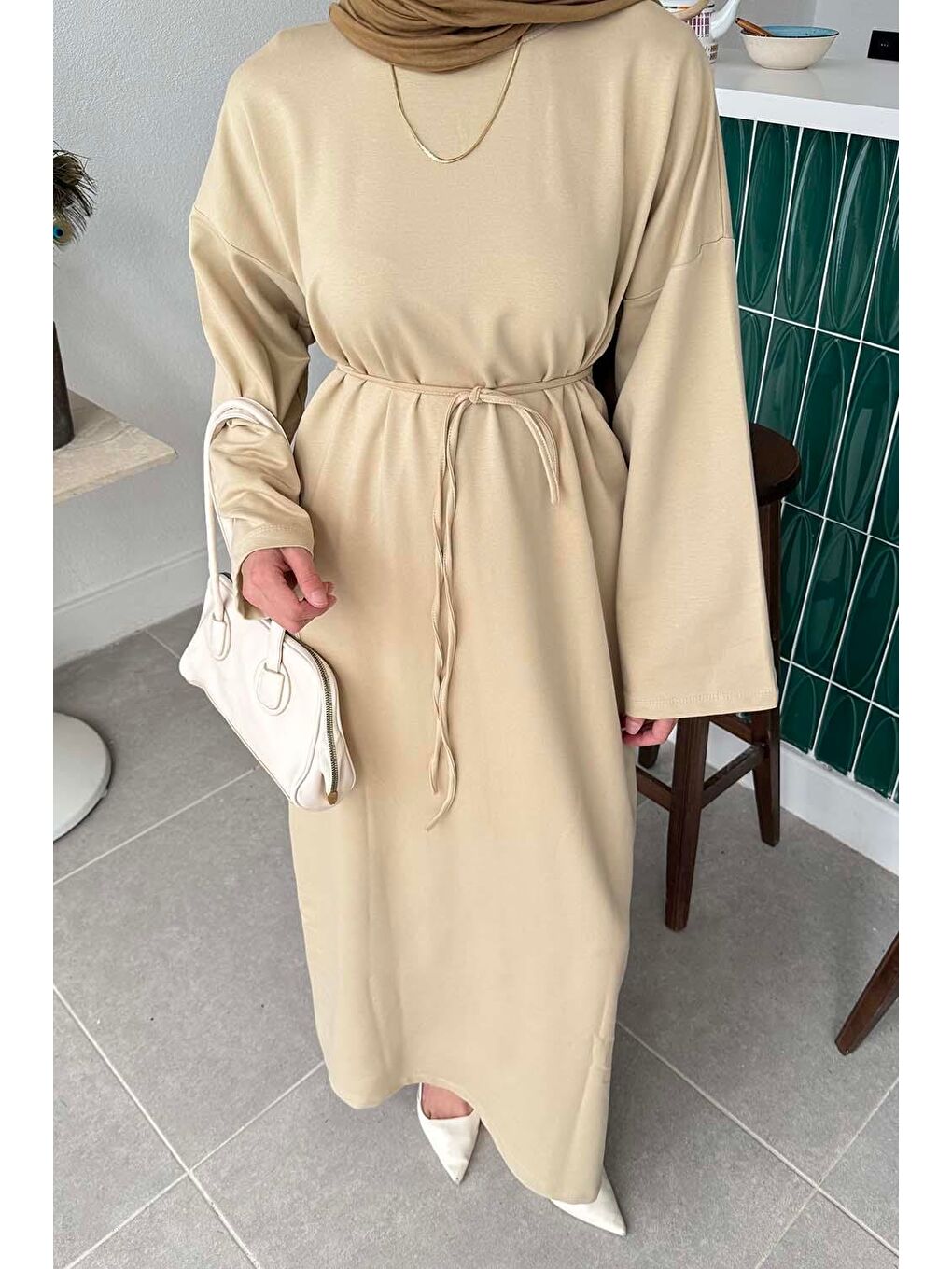 İki İplik Elbise Bej-2