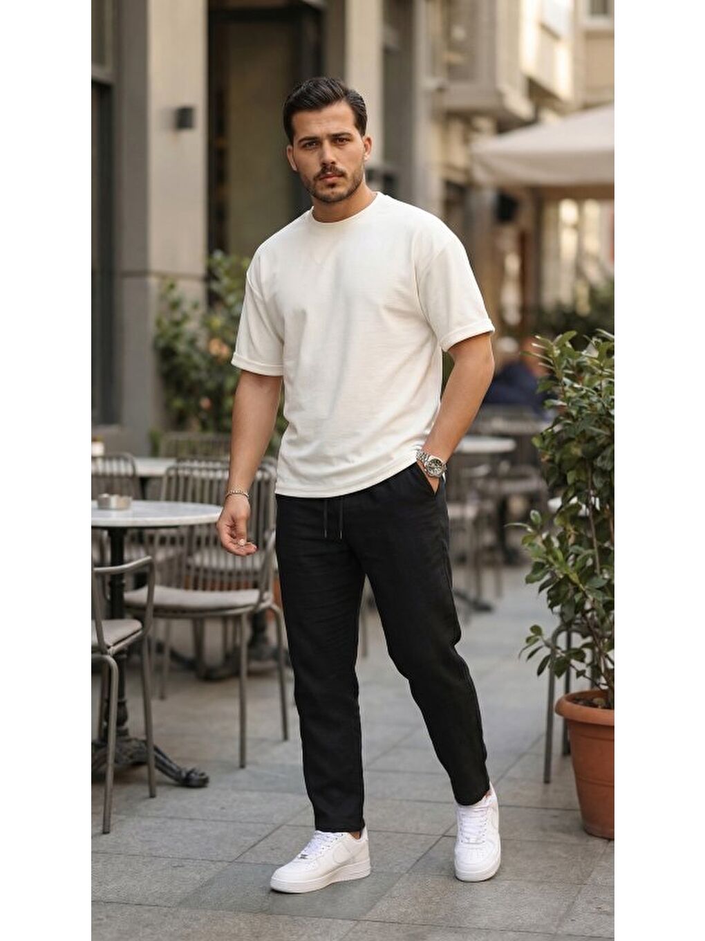 Beyaz Erkek Duble Kol Basic Tişört-1