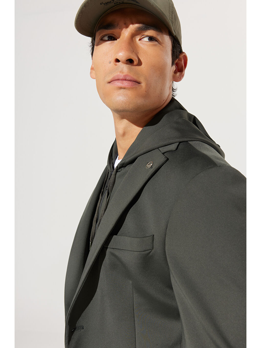 Erkek Haki Slim Fit Dar Kesim Mono Yaka Pamuklu Desenli Ceket-8