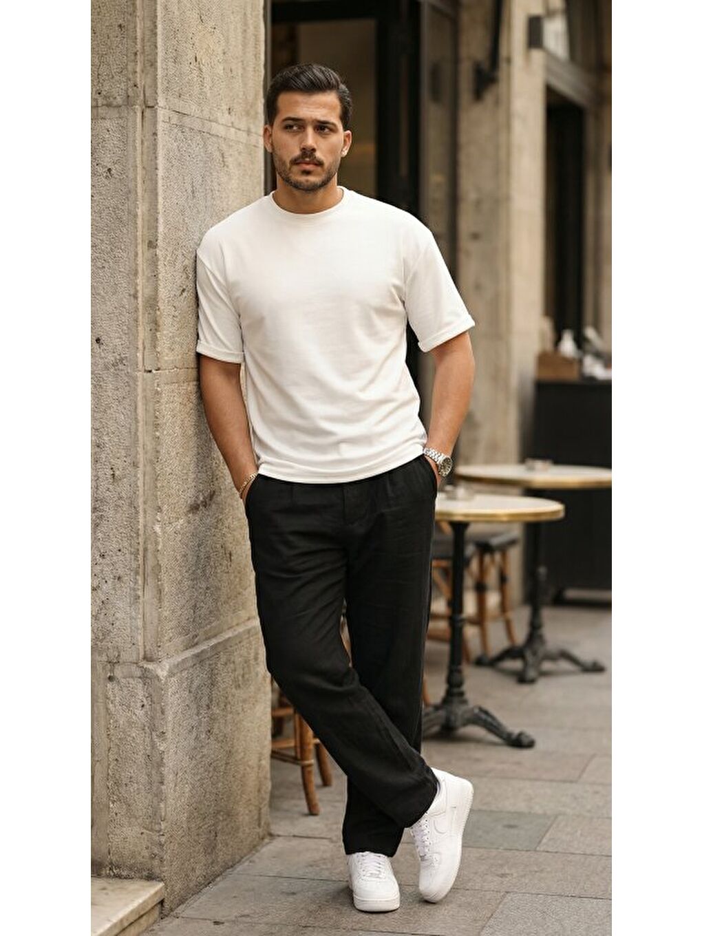 Beyaz Erkek Duble Kol Basic Tişört-2